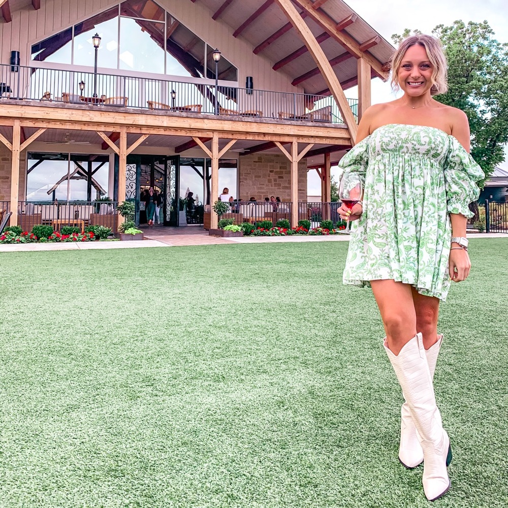 Misa Los Angeles off the shoulder green/ white dress